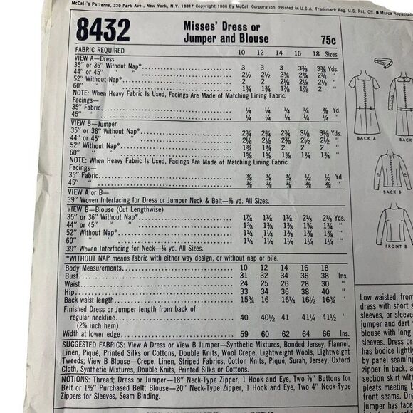 Vintage 60s McCalls 8432 Pattern Misses 10-18 Drop Waist Dress Jumper Blouse Cut - Picture 4 of 4